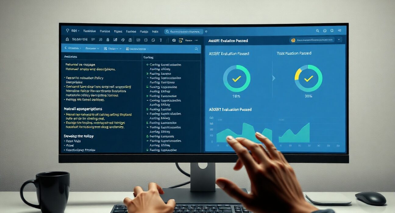 Developer using Microsoft ASSERT to test AI behavior with natural language descriptions on a monitor