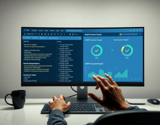 Developer using Microsoft ASSERT to test AI behavior with natural language descriptions on a monitor