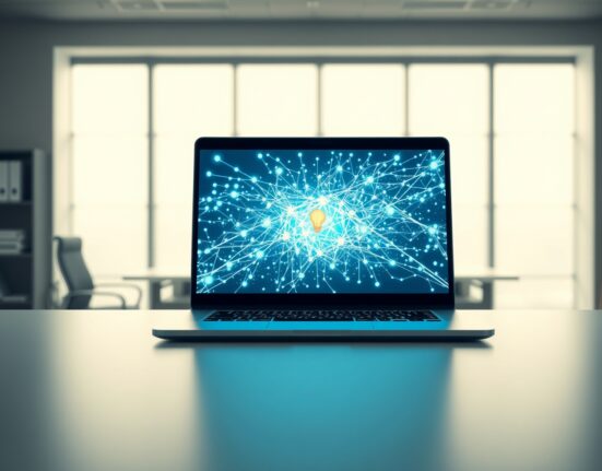 Microsoft Copilot AI interface on a laptop highlighting the serious discussion around its terms of service and reliability.