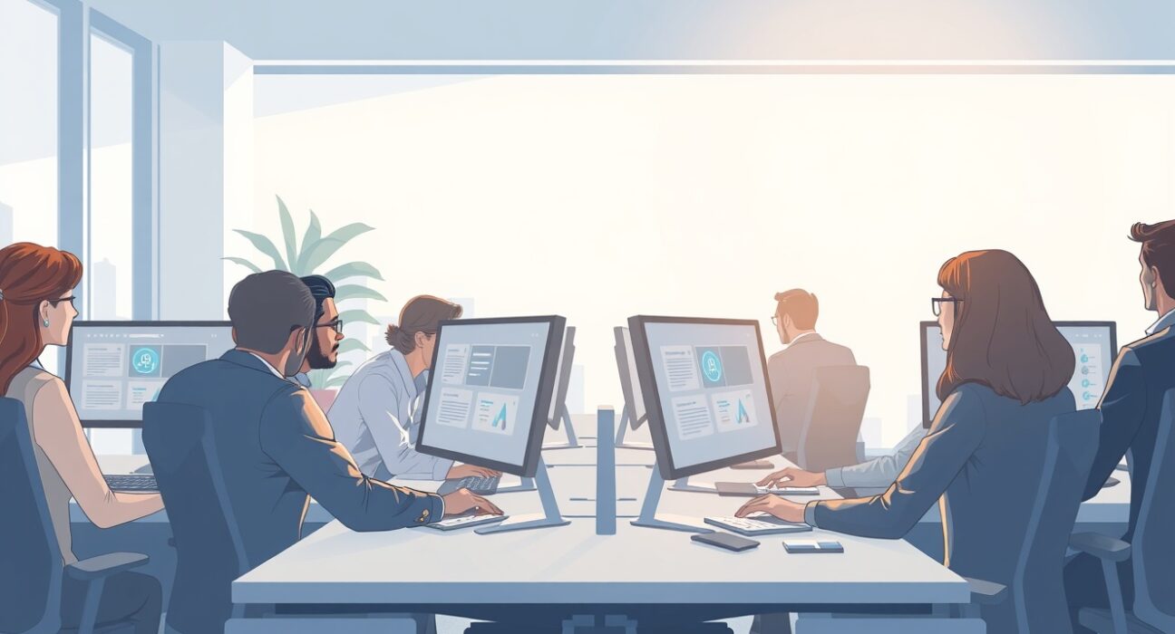 Professionals using Microsoft Copilot in a modern office, highlighting enterprise AI adoption and user engagement growth.