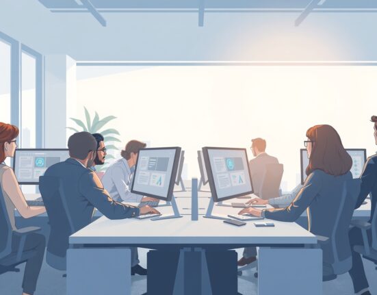 Professionals using Microsoft Copilot in a modern office, highlighting enterprise AI adoption and user engagement growth.