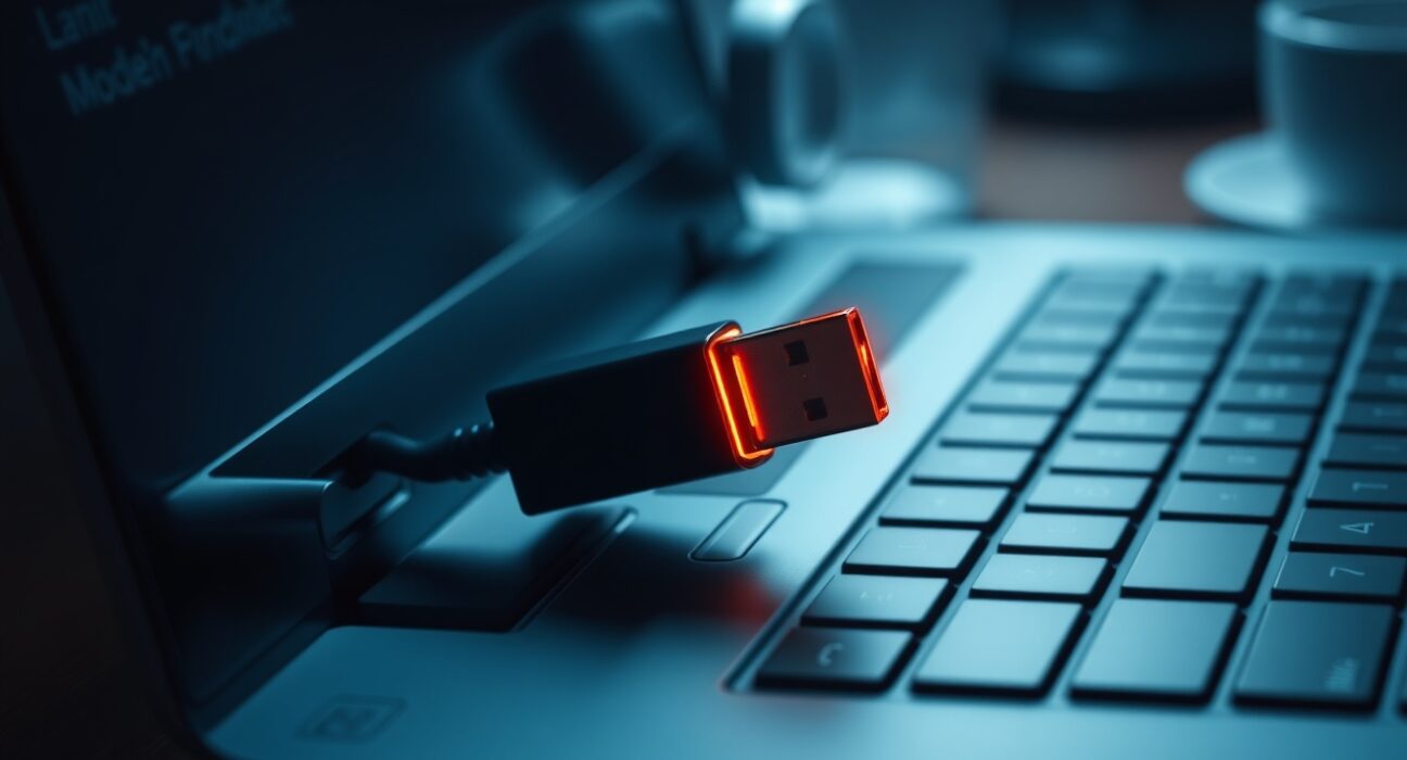 USB drive plugged into laptop with digital glow indicating malware threat