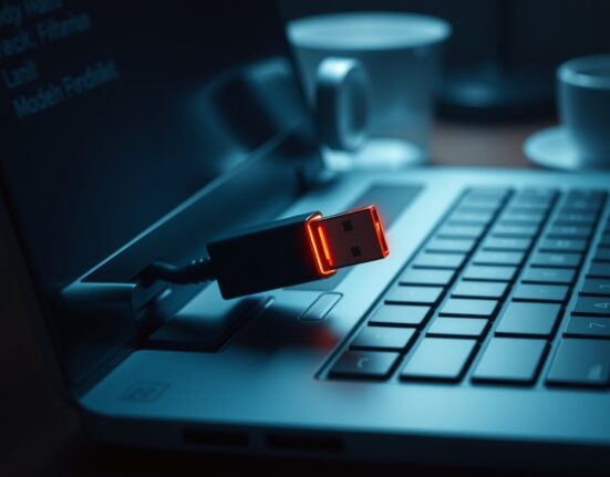 USB drive plugged into laptop with digital glow indicating malware threat
