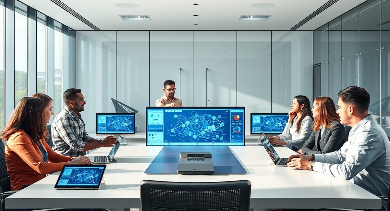 Technology professionals in a boardroom discussing AI deployment strategies with digital displays