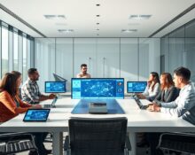 Technology professionals in a boardroom discussing AI deployment strategies with digital displays