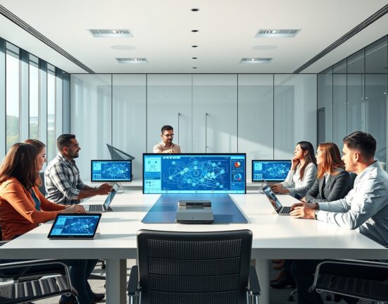 Technology professionals in a boardroom discussing AI deployment strategies with digital displays