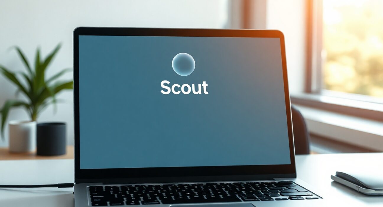 A laptop displaying the Scout AI assistant interface on a clean office desk.
