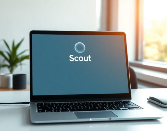 A laptop displaying the Scout AI assistant interface on a clean office desk.
