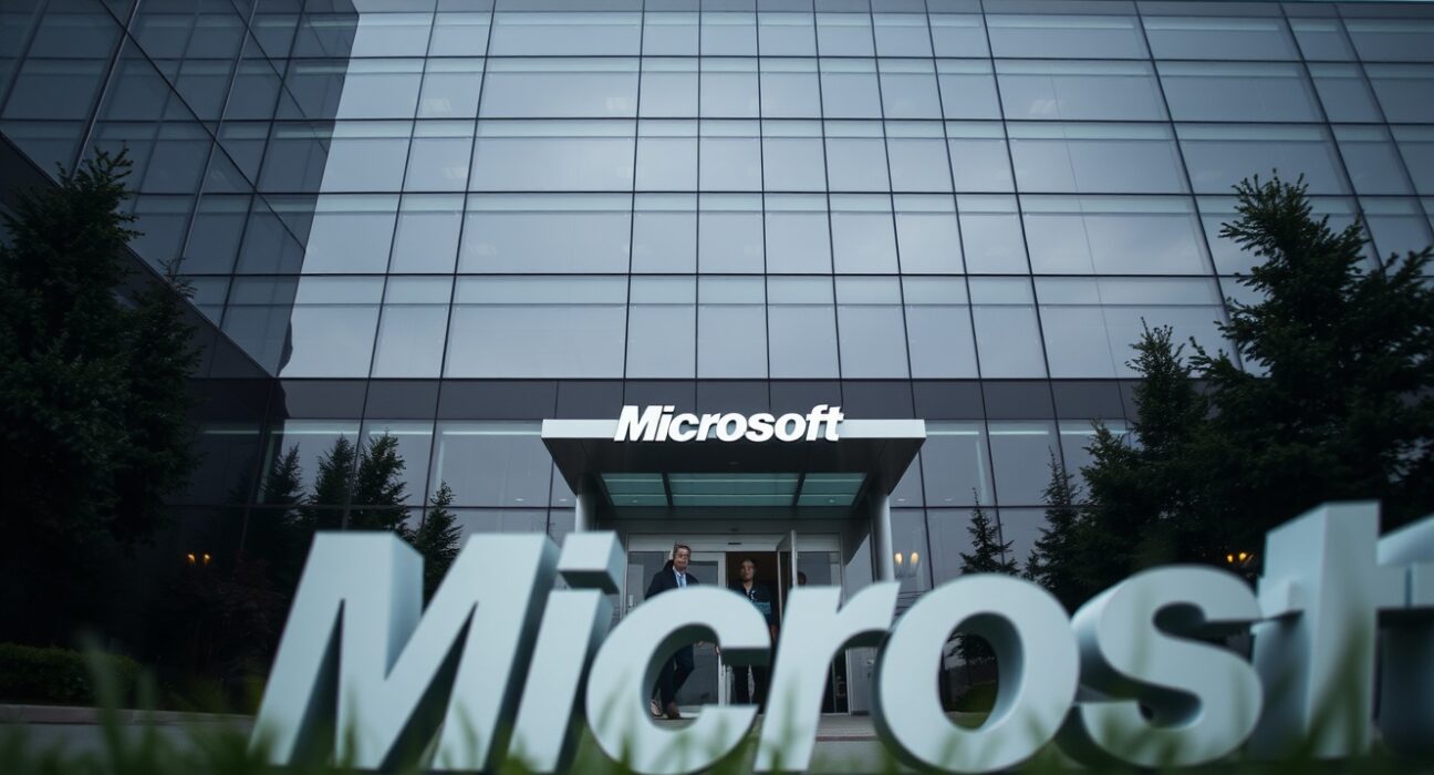 Microsoft office building on a cloudy day with employees leaving after layoffs announcement