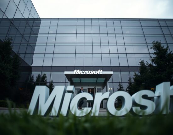 Microsoft office building on a cloudy day with employees leaving after layoffs announcement
