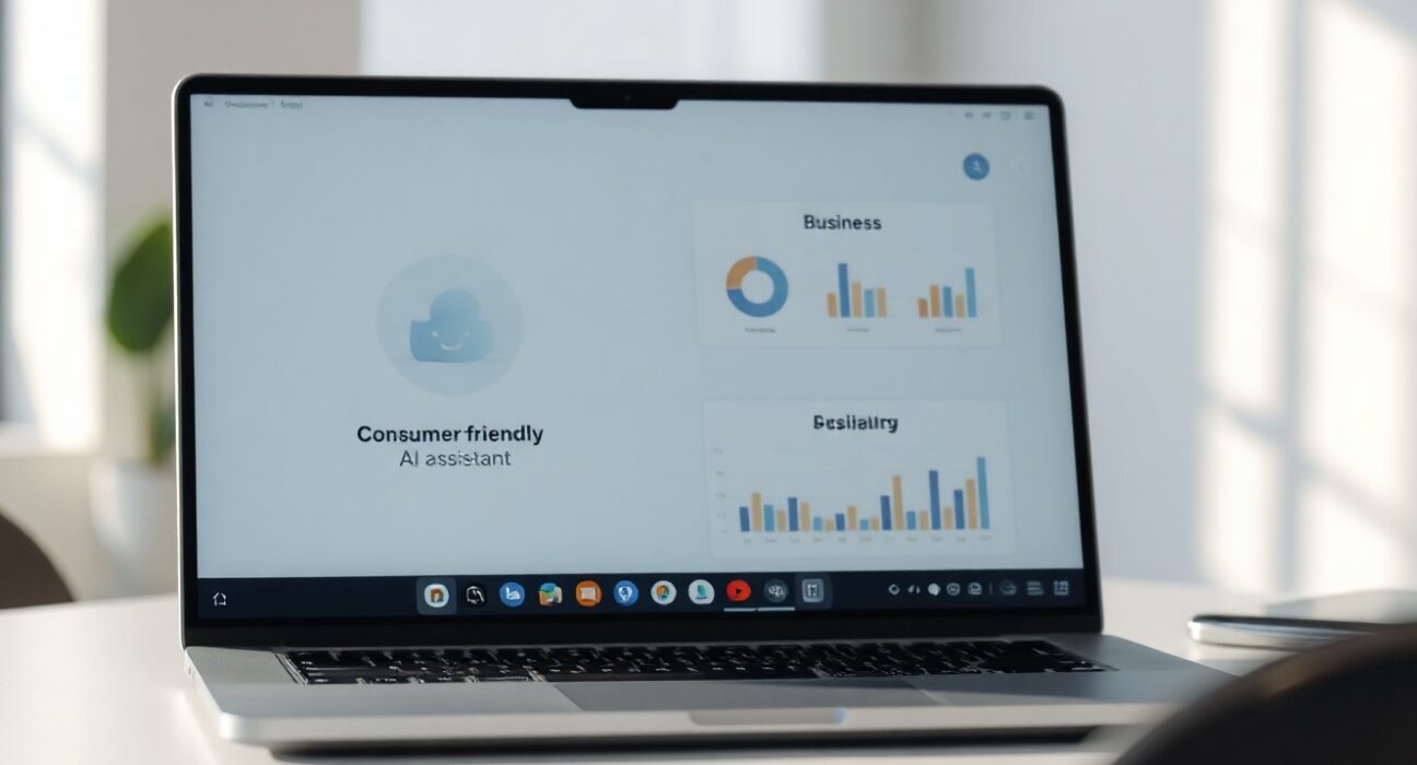 Laptop showing Microsoft Copilot app interface with business documents, representing the app merger.