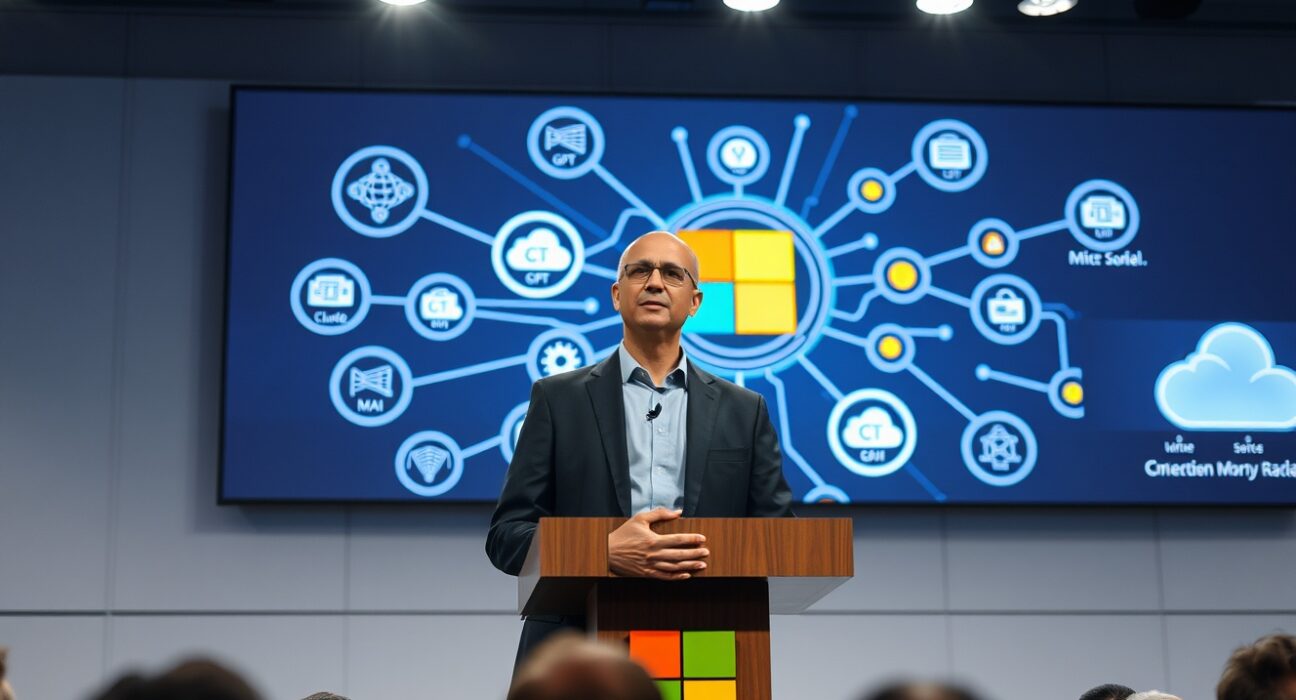Microsoft CEO Satya Nadella speaking at a press conference about enterprise AI strategy