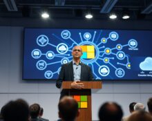 Microsoft CEO Satya Nadella speaking at a press conference about enterprise AI strategy