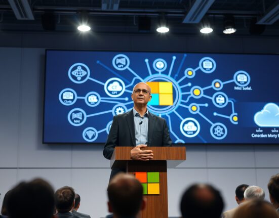 Microsoft CEO Satya Nadella speaking at a press conference about enterprise AI strategy