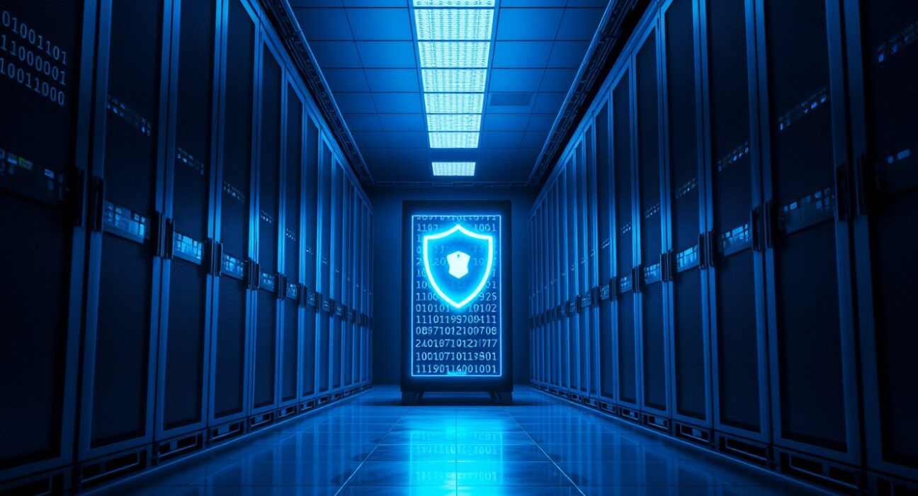 Microsoft data center server room with blue lighting and digital cybersecurity overlay