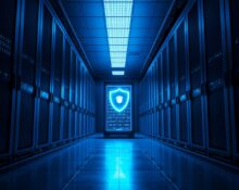 Microsoft data center server room with blue lighting and digital cybersecurity overlay