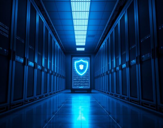 Microsoft data center server room with blue lighting and digital cybersecurity overlay