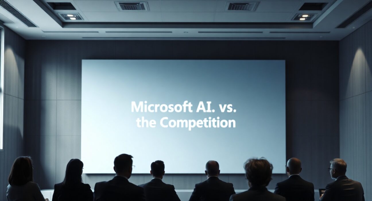 Corporate meeting room with a screen showing Microsoft AI competition strategy presentation