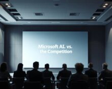 Corporate meeting room with a screen showing Microsoft AI competition strategy presentation