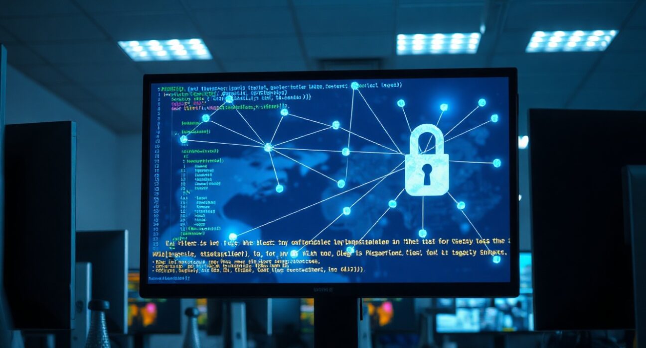 Cybersecurity analyst monitoring a network of smart contracts on a screen, representing malware distribution via BNB Chain.