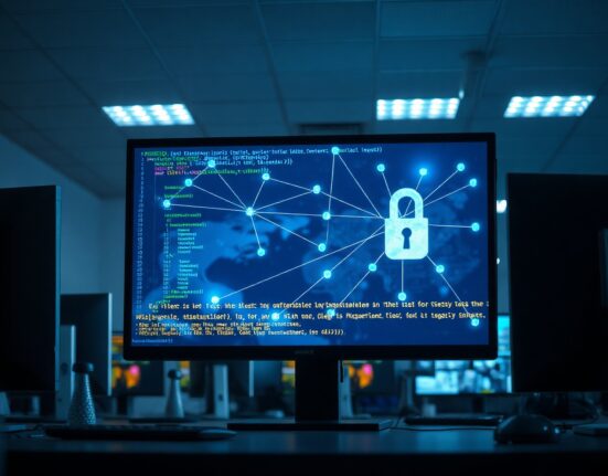 Cybersecurity analyst monitoring a network of smart contracts on a screen, representing malware distribution via BNB Chain.
