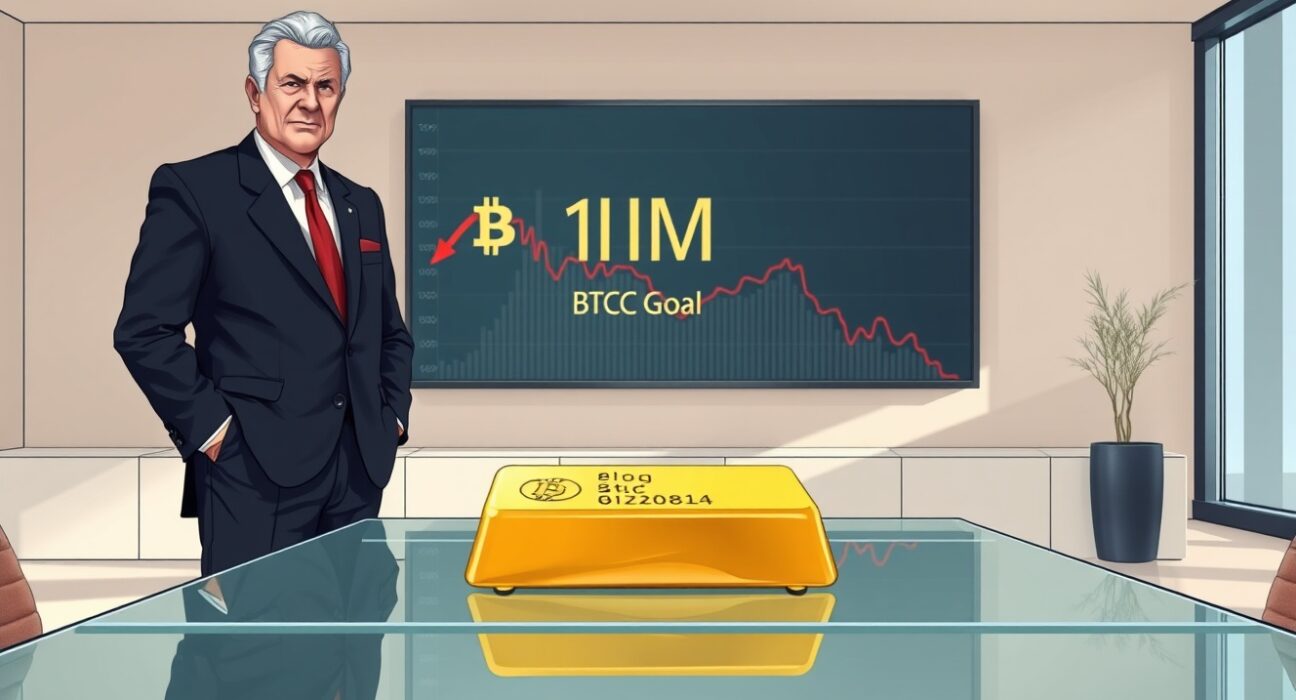 Frank Giustra criticizes MicroStrategy's 1M BTC goal in a modern office with gold and Bitcoin chart