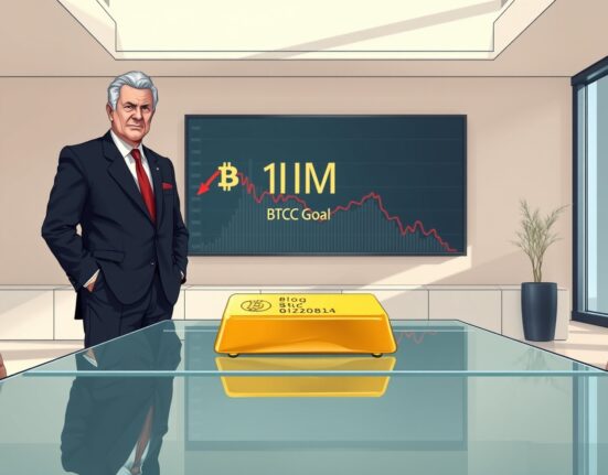 Frank Giustra criticizes MicroStrategy's 1M BTC goal in a modern office with gold and Bitcoin chart