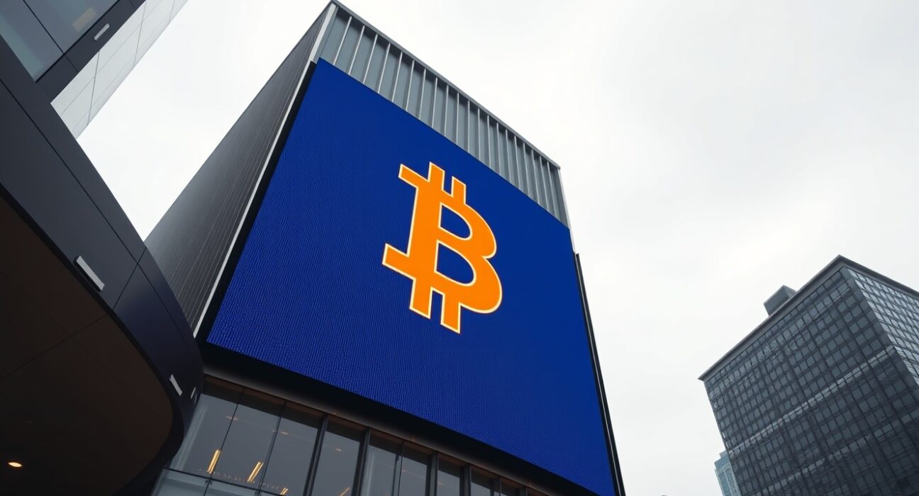 Corporate building with a large glowing Bitcoin symbol on a digital billboard, representing MicroStrategy's continued Bitcoin acquisition strategy.