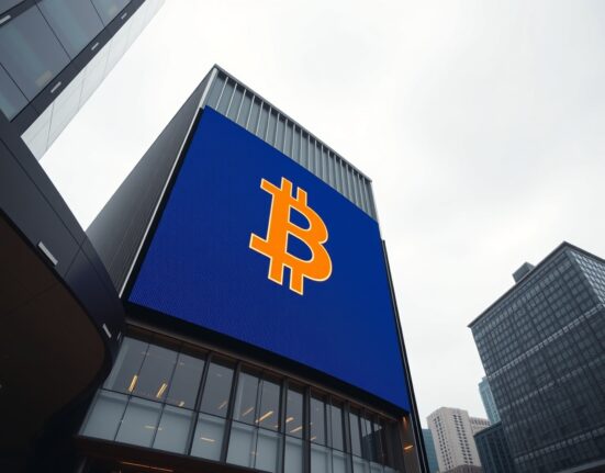 Corporate building with a large glowing Bitcoin symbol on a digital billboard, representing MicroStrategy's continued Bitcoin acquisition strategy.