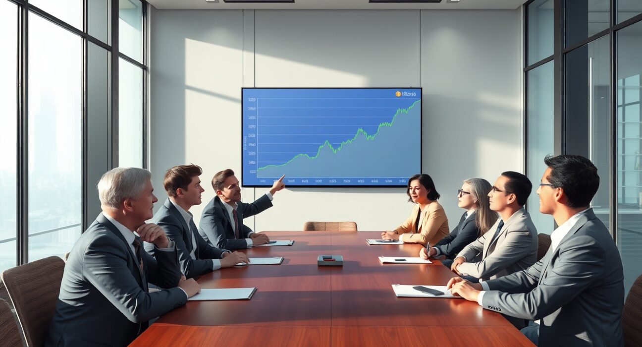 Financial analysts discussing MicroStrategy's sustainable Bitcoin accumulation strategy and STRC preferred stock model in a modern boardroom.