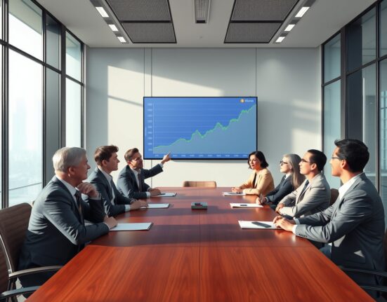 Financial analysts discussing MicroStrategy's sustainable Bitcoin accumulation strategy and STRC preferred stock model in a modern boardroom.