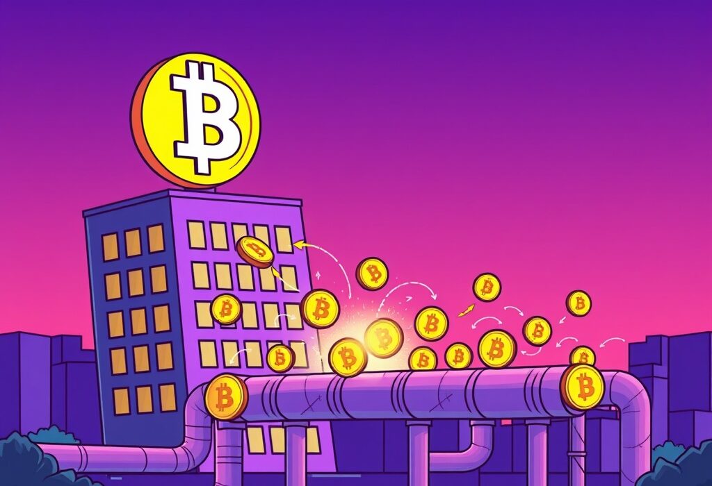 Cartoon illustration showing MicroStrategy Bitcoin acquisition through efficient, non-dilutive methods, symbolizing institutional growth.