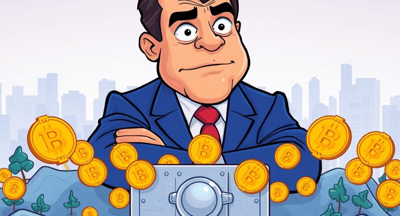 A cartoon illustration showing MicroStrategy's strategic MicroStrategy Bitcoin acquisition, depicting digital assets being secured.