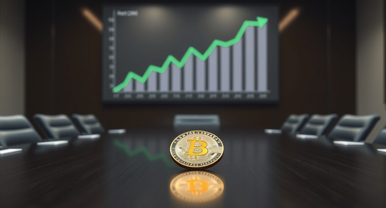 MicroStrategy's corporate Bitcoin investment strategy symbolized by a Bitcoin coin in a boardroom.