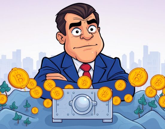 A cartoon illustration showing MicroStrategy's strategic MicroStrategy Bitcoin acquisition, depicting digital assets being secured.