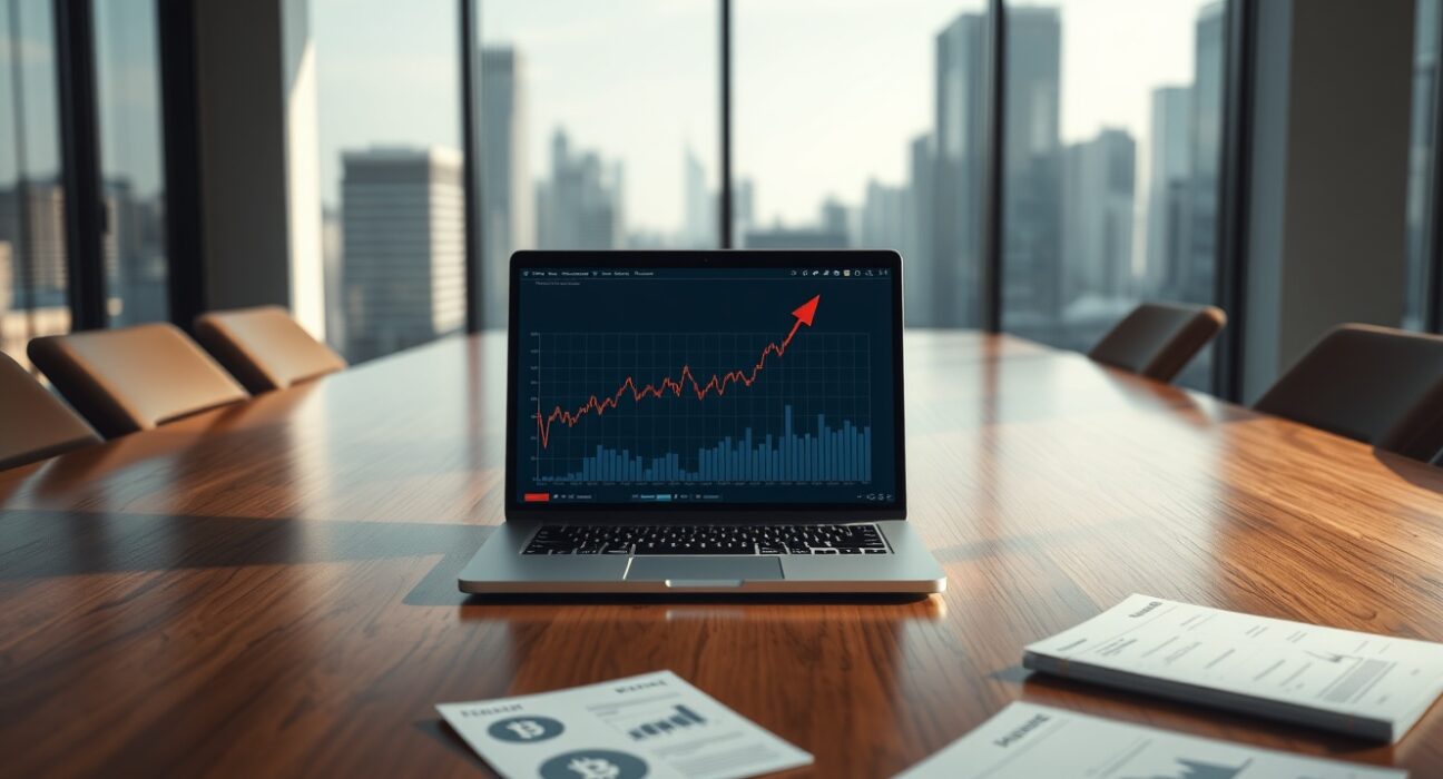 MicroStrategy Bitcoin acquisition costs rising analysis financial chart on laptop in boardroom