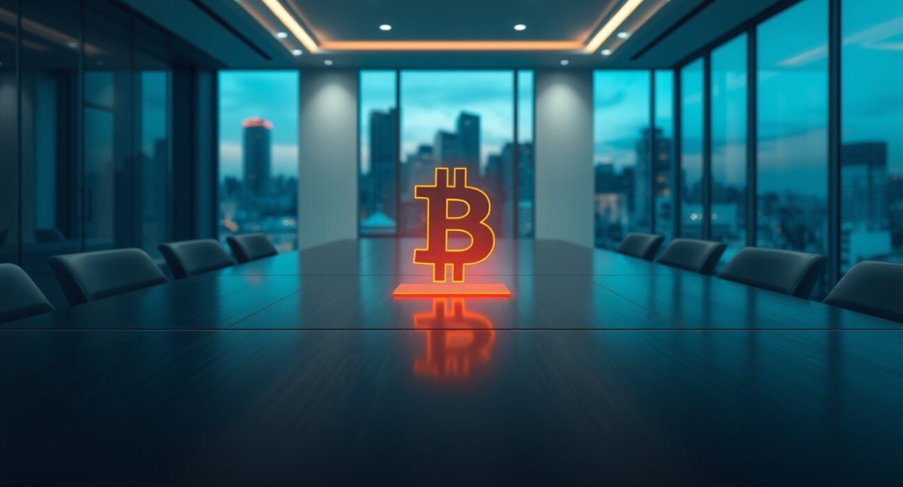 MicroStrategy corporate Bitcoin investment strategy visualized in a modern boardroom setting.