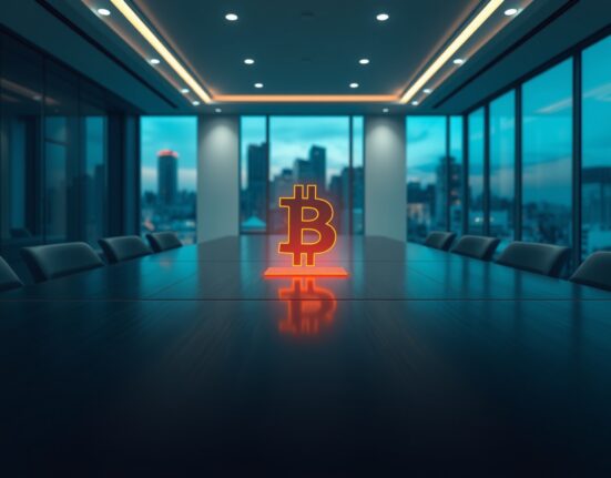 MicroStrategy corporate Bitcoin investment strategy visualized in a modern boardroom setting.