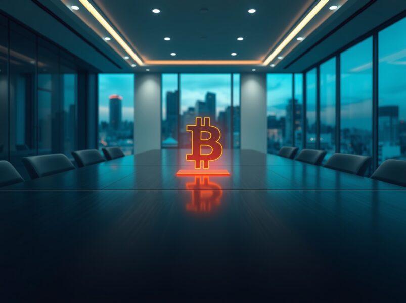 MicroStrategy corporate Bitcoin investment strategy visualized in a modern boardroom setting.