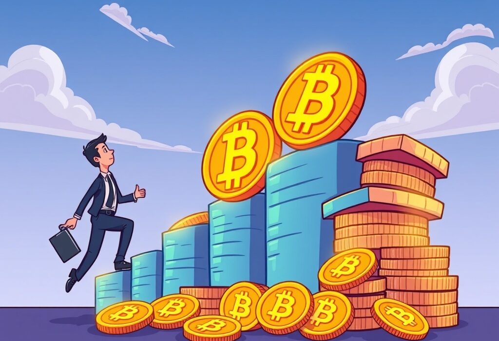 A cartoon illustration showing MicroStrategy's significant Bitcoin acquisition, highlighting their strategic accumulation of digital assets.