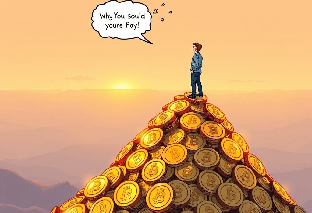 A cartoon illustration of Michael Saylor atop a large pile of MicroStrategy Bitcoin, symbolizing significant Bitcoin holdings and future BTC acquisitions.