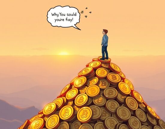 A cartoon illustration of Michael Saylor atop a large pile of MicroStrategy Bitcoin, symbolizing significant Bitcoin holdings and future BTC acquisitions.