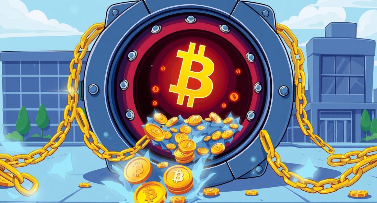Illustration showing Bitcoin as collateral for corporate loans in a vibrant financial strategy scene
