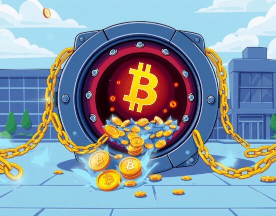 Illustration showing Bitcoin as collateral for corporate loans in a vibrant financial strategy scene