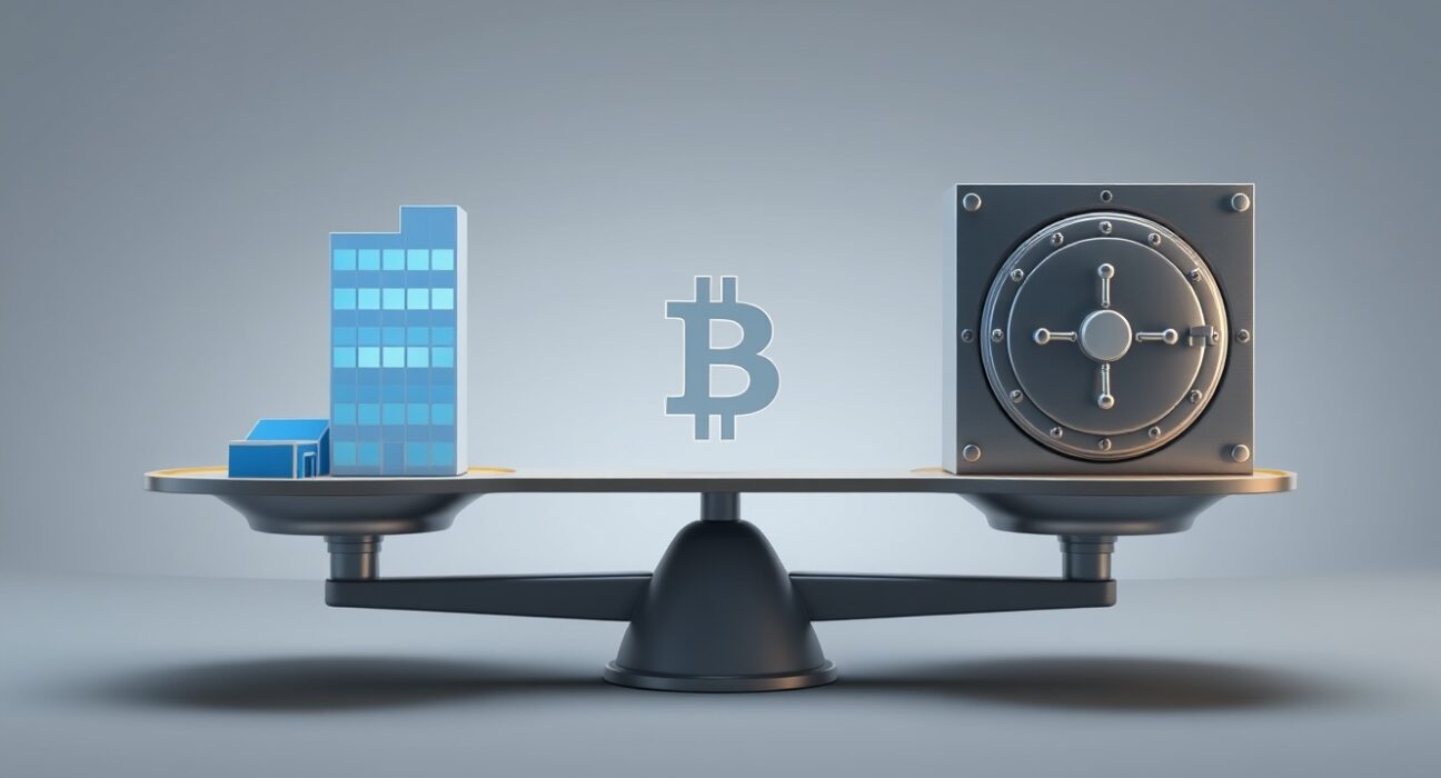 Visual metaphor of MicroStrategy and BlackRock in a close race for largest Bitcoin holdings.