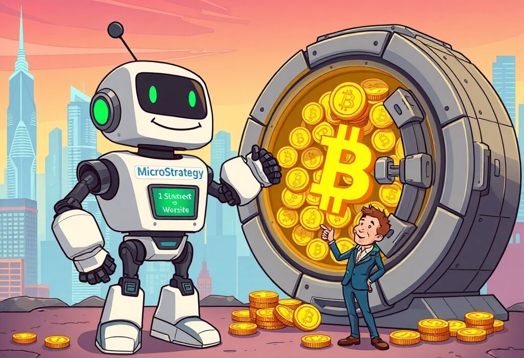 Cartoon depicting MicroStrategy Bitcoin strategy, with a figure symbolizing Saylor overseeing massive Bitcoin acquisition goals.
