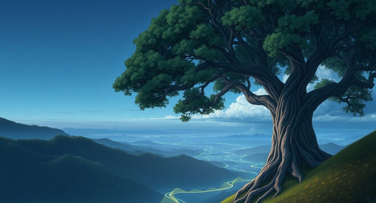 MicroStrategy's resilient Bitcoin treasury strategy visualized as a deeply rooted tree overlooking digital data streams.