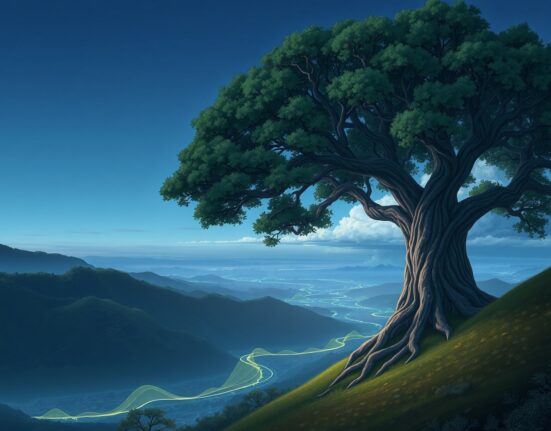 MicroStrategy's resilient Bitcoin treasury strategy visualized as a deeply rooted tree overlooking digital data streams.