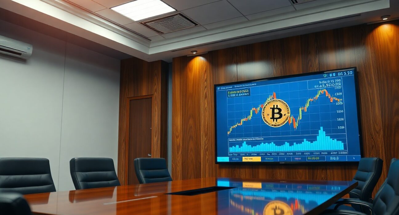 Bitcoin chart on a screen in a corporate boardroom representing MicroStrategy's treasury strategy