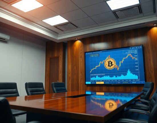 Bitcoin chart on a screen in a corporate boardroom representing MicroStrategy's treasury strategy